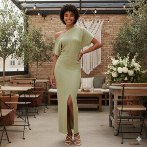 NWT Mon Renn Celest Off Shoulder Knit Sweater Maxi Dress Sage Green